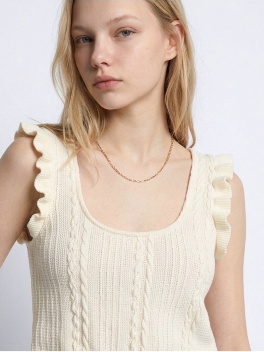 Zara Ruffle Sleeve Knit Cream Tank Top
